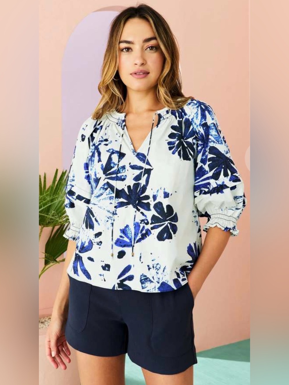 Marie Oliver Lara Aloha Blue Floral Cotton Puff Sleeve Blouse Small Coastal